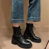 Botas nuevas de otoño e invierno con tacón grueso de 6 cm ~ Botas finas de tiras con cremallera trasera, botas elásticas de suela gruesa, botines de retazos, tacones altos para mujer