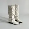 Botas Grossas Femininas Estilo Fashion Fivela Manga 2026 Outono/Inverno Botas de Couro de Cano Alto Salto Plataforma Emagrecedor Bico Fino Botas de Equitação