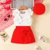 Ropa Navideña para Niños, Conjunto de Dos Piezas para Niñas de Color Sólido, Lazo de Flor Tridimensional, Rojo y Blanco, Dulce y Lindo