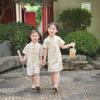 Traje Tang Floral de Algodão e Linho de Manga Curta Estilo Chinês Modernizado para Meninas, Vestido Infantil Estilo Nacional, Qipao Infantil de Shibo Luo para o Verão