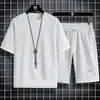 Traje casual de gofre para hombre, camiseta de manga corta de seda helada para verano, conjunto de hombre, traje deportivo elegante de talla grande