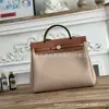 Bolso Kelly de Cuero Genuino Hecho a Mano con Costura Interna, Bolso tipo Satchel de Lona con Bloques de Color, Bolso Cruzado para Hombro para Mujer, Gran Capacidad, Bolso para Viajes Diarios