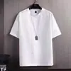 Camiseta de Manga Corta de Seda de Hielo para Hombre, Camisa Básica de Algodón y Lino de Color Sólido de Corte Holgado para Verano, Blanca de Manga Tres Cuartos, Exclusivamente para Ventas Transfronterizas