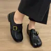 Versión de piel de vaca estilo británico zapatos pequeños de cuero para mujer zapatos de pezuña de cerdo con punta dividida hebilla de cuero mocasines sin cordones tacón grueso zapatos versátiles de un solo color