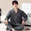 Conjunto de Pijama Masculino Algodão Nuvem - Manga Longa, Calça Longa, Cardigã com Lapelas, Tamanho Grande, Respirável, Confortável, Pode Ser Usado Fora