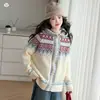 Novo suéter com capuz estilo Fair Isle para meninas, suéter de malha com zíper estilo coreano, peça de cima versátil para usar como outer wear na primavera e no outono