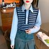 Sensação de Peça Dupla Falsa Design Elegante Camisa Feminina Roupas de Outono 2024 Novo Top Tricotado com Retalhos Listrado para o Trabalho