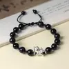 Plata Pura 999 Año del Caballo Zodiaco Caballo Pulsera de Pareja con Cuentas de Obsidiana Pulsera Ojo de Gato Diseño Original para Mujer