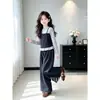 Chica Dulce Diseño de Moda Sentido Falso Dos Piezas Top de Manga Larga Dulce Floral Casual Pantalones de Pierna Ancha Conjunto de Dos Piezas