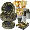Vasos de papel desechables, platos y servilletas de estilo europeo y americano transfronterizos con estampado de lunares negros y rosas y lámina dorada para decoraciones de fiesta de cumpleaños