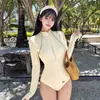 Nuevo traje de baño de una pieza de manga larga para mujer, protector solar, adelgazante, color liso, con cremallera, traje de baño conservador