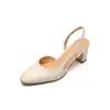 Sandalias Retro Marrones de Punta Gruesa con Tacón Alto y Espalda Abierta para Mujer, de Mano, Piel de Oveja, Simples para el Trabajo, Tacones Altos
