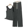 Conjunto de pantalones largos de verano para mujer, adecuado para usar al aire libre, pijama sin mangas, ropa de estar casual, chaleco modal fino a rayas