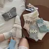 Meias de Lã Outono e Inverno para Mulheres, Engrossadas, Quentes, Punho Dobrado Canelado, Xadrez Losango Sal Marinho Flor Pequena, Meias de Cano Médio, Meias Largas Estilo Japonês para Mulheres