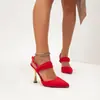 Sandalias Europeas y Americanas de Punta Roja Caladas para Mujer con Decoración de Lazo Tacones Metálicos de Forma Especial Vestido de Banquete de Moda
