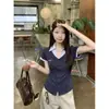 Talla Extra Verano Nuevo Estilo Coreano Estilo Universitario Juvenil Conjunto de Dos Piezas Camiseta de Manga Corta con Cintura Ajustada Rayada Adelgazante