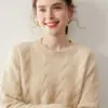 Novo suéter feminino de outono e inverno com gola redonda, espessado, ombros caídos, suéter de cashmere trançado, pulôver de caimento solto, camada base