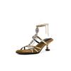 Sandálias femininas de luxo leve, estilo boêmio, com strass, salto fino, tira em T, bico aberto, salto alto, estilo coreano
