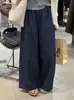 Pantalones de lino estilo japonés versátiles con cordón tipo abuela, pantalones vaqueros cropped de pierna recta~