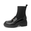 Botas de Punto Finas de Piel de Vaca con Hebilla Metálica Estilo Británico Invierno 2025 Botas Tipo Calcetín de Suela Gruesa Tacón Alto Grueso Punta Redonda Elásticas Cortas para Mujer