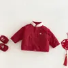 Conjunto de Año Nuevo con Cuello de Piel para Niños, Chaqueta Acolchada de Forro Polar para Niños Pequeños Izquierda y Derecha con Parche de Etiqueta de Invierno, Abrigo de Algodón Rojo de Moda para Niñas