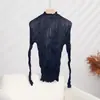 Camiseta de Top Plisado de Mimbre Línea Principal Miyake para Mujer Elegante Cuello Semi Alto Diseño Ajustado Moda Versátil Camisa Básica