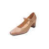 Sapatos Mary Jane de couro bovino de primeira camada polido para mulheres, salto grosso, sapatos de sola única com aspecto envelhecido, novidade de outono, couro genuíno, bico redondo, fivela única, sapatos de salto médio