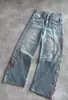Jeans Vescartes Europeos y Americanos de Alta Calidad, Jeans de Pierna Ancha Bordados Resistentes Vintage Transfronterizos de Flor de Cerezo para Hombres y Mujeres