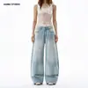 Jeans anchos holgados JIAMU estilo americano, versátiles de alta resistencia, corte curvo azul lavado para hombres y mujeres