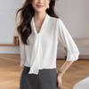 Camisa de Seda Cetim com Decote em V Estilo Francês para Mulheres, Manga Longa, Novo Design de Outono 2025, Blusa de Seda Amora com Fita Nicho