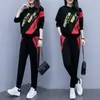 Ropa de Mujer Tallas Grandes para Primavera y Otoño Conjunto Elegante que Cubre el Vientre Sudadera con Bloques de Color de Moda Letras Pantalones Deportivos Dos Piezas Transfronterizo
