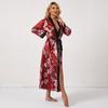 Pijama Delgado con Cordones, Camisón Rojo Floral de Color Bloqueado Largo, Ropa de Casa con Estampado de Moda, Casual y Cómoda para Mujer