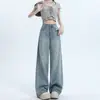 Calça jeans feminina azul claro lavada, perna larga, primavera e outono, cintura alta, estilo americano, larga, reta, para o verão