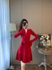 Vestido Tejido Nuevo Rojo Estilo Francés, Lujo Accesible y Alta Gama, Look Moderno y Adelgazante para Personas Bajas, Cuello en V Falda Línea A