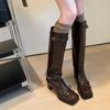 Menina Bonita Desenho Animado ~ Botas Mary Jane Doces com Laço Outono e Inverno 2024 Botas de Couro Quadradas com Salto Médio Grosso