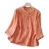 Primavera y Verano Nuevo Todo-combinable Holgado Adelgazante Algodón y Lino Cuello Redondo Siete Mangas Camisa Bordada para Mujer Casual Color Sólido Elegancia Top