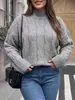 Ropa europea y americana transfronteriza para mujer de talla grande, nuevo suéter de punto trenzado suelto de otoño e invierno con cuello medio alto y mangas acampanadas