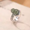 Anillo de la Fortuna de Calabaza de Jade Verde de Plata de Ley S925 Yiluyin Nuevo Estilo Chino Retro Vintage Anillo Abierto con Mantra de Seis Palabras