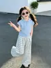 Conjunto de Polo de Verano para Niñas, Nuevo Atuendo Elegante y a la Moda de Dos Piezas para Niños Mayores, Camiseta de Manga Corta y Pantalones de Pierna Ancha a Cuadros