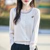 Nova chegada de primavera e outono, cardigan de malha de lã penteada, cor sólida, gola redonda, moda, design de blusa com estampa Sense, casaco