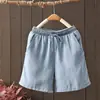 2025 Verano Delgados Vaqueros de Tencel Shorts para Mujer Cintura Elástica con Cordón Sueltos Casuales Pierna Ancha Vaqueros Azules de Cuarto