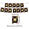 Fiesta de Año Nuevo 2027 Fuegos Artificiales Negros y Dorados Banner FELIZ AÑO NUEVO Platos de Papel Vasos Servilletas de Papel Mantel Suministros de Decoración