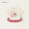 Roupa de Verão Infantil Manga Curta Menina You Bao Gola Redonda Fofa Camiseta para Bebê Top Infantil Estiloso Patchwork Xadrez