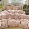 Conjunto de quatro peças de gaze dupla camada Classe A com padrão floral fresco, lençol com elástico, capa de edredom, conjunto de três peças para estudante de dormitório 4