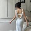 2024 Estilo Europeo y Americano Transfronterizo eBay Invierno Nuevo Sexy Envolvente Pecho Tirantes Dobles de Hombro Espalda Descubierta Cuello en V Ajustado Vestido Mujer
