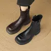 Botas curtas de moda únicas estilo britânico, nova sola plataforma, salto grosso de 5,5 cm, bico redondo, botas curtas de moda de salto médio