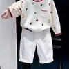 Estilo Coreano Niños 2026 Otoño Nueva Moda Caricatura Letra Bloque de Color Suéter de Punto Pantalones Casuales Blancos Infantiles Modernos