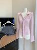 [Chifón Elástico en Cuatro Direcciones] Tejido Sedoso Cintura Ajustada Solapa Rayas Bordado Camisa de Manga Larga para Mujer Top de Corbata