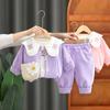 Conjunto de 3 Peças de Bolsa Estilosa para Menina Lançamento Primavera e Outono 2025 Cardigã de Manga Longa com Gola Grande para Menina Roupa para Crianças