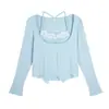 Top de punto estilo coreano con efecto de dos piezas, cuello halter con lazo, para mujeres de talla grande, adelgazante y elegante, diseño de manga larga 65222